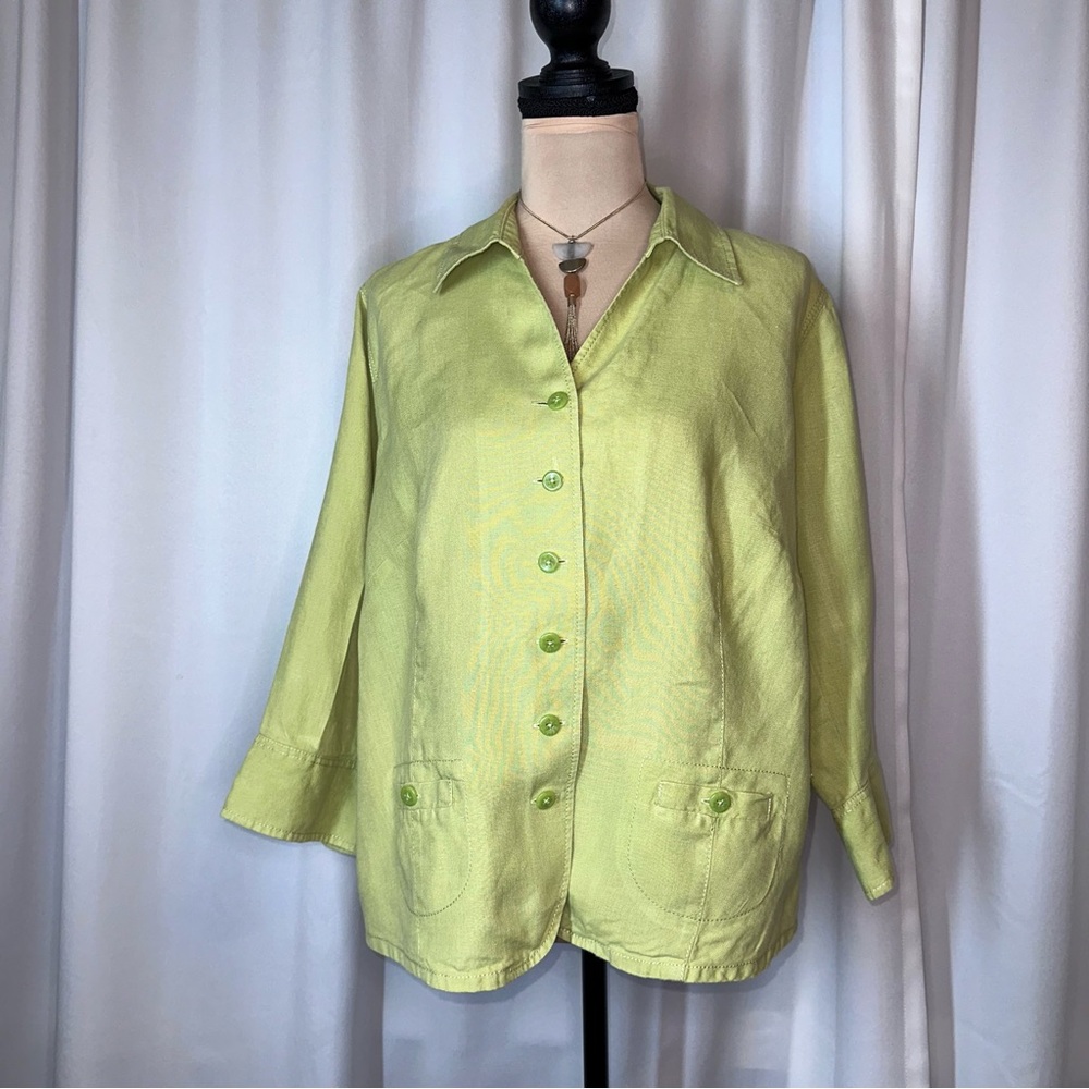 Talbots Pea Green Pure Irish Linen Shirt Blouse Sz 12w  Button Pockets Wide Cuff